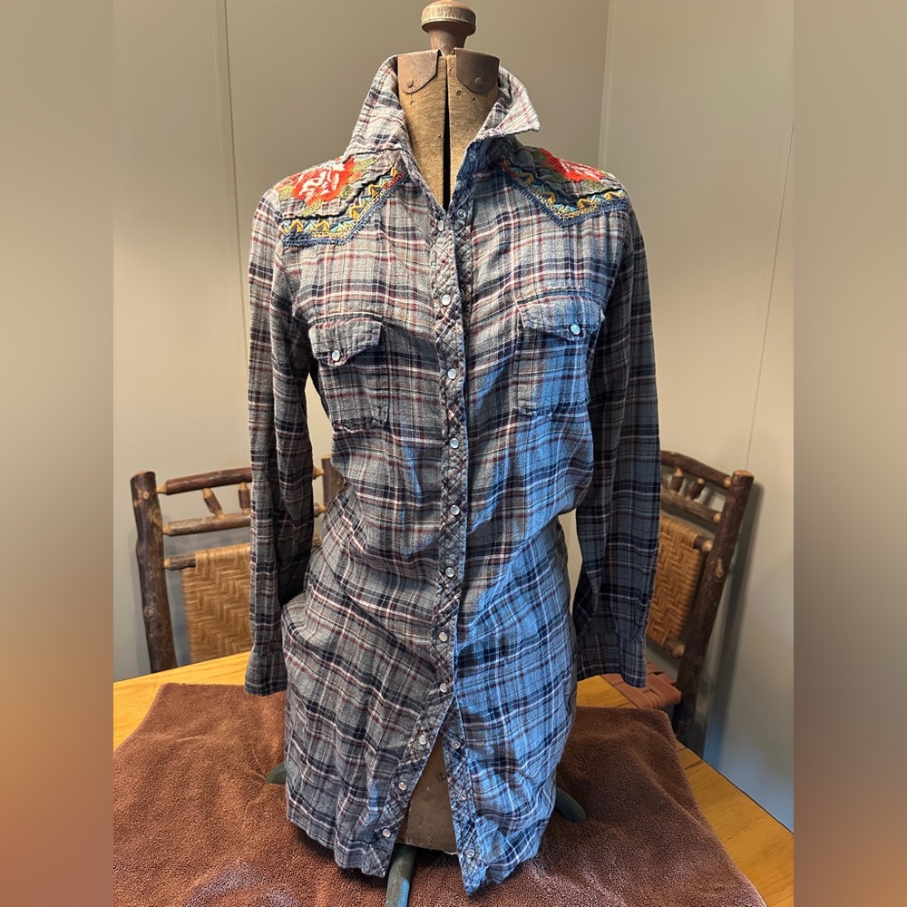 Johnny Was 3J Gray Pearl Snap Button Up Flannel Western Shirt Dress Women Size M